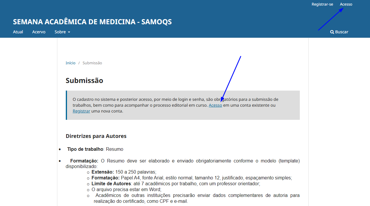 Tela inicial de Submissão do portal SAMOQS com destaque para o link Acesso no canto superior direito