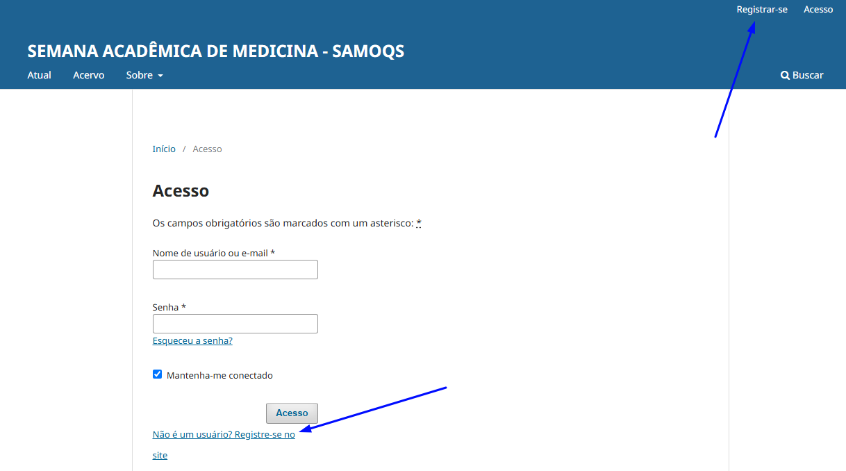 Tela de Acesso com campos de usuário e senha e o link Registre-se no site
