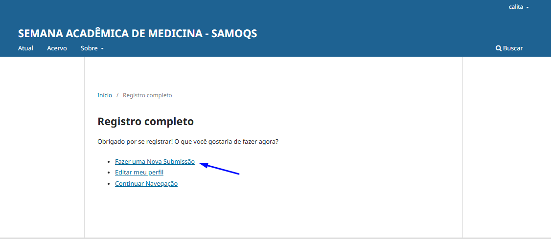 Tela Registro completo com a opção Fazer uma Nova Submissão