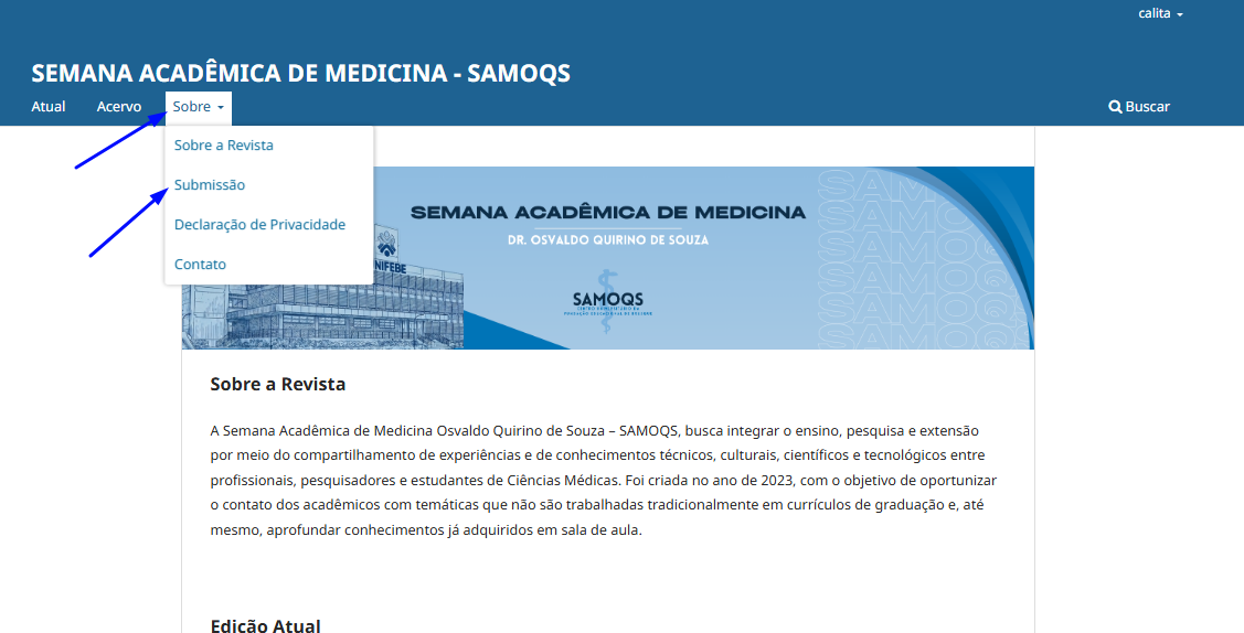 Menu Sobre aberto mostrando a opção Submissão