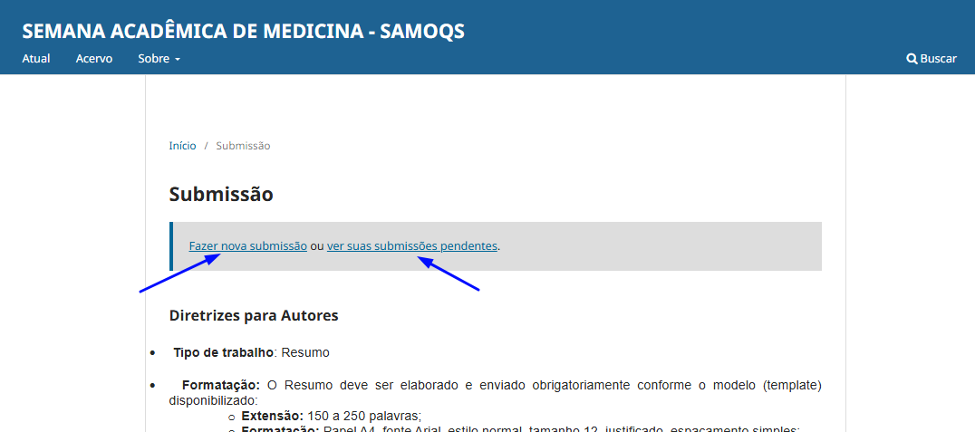 Página de Submissão com os links Fazer nova submissão e ver suas submissões pendentes