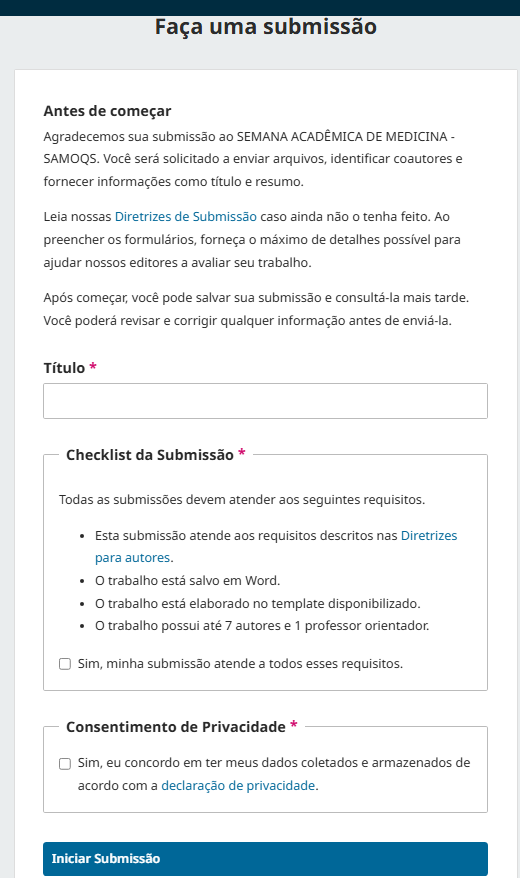 Formulário Faça uma submissão com campo Título, Checklist da Submissão e Consentimento de Privacidade